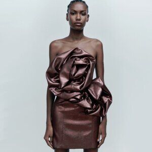 NWT Zara metallic bronze copper shine effect voluminous floral mini dress, M